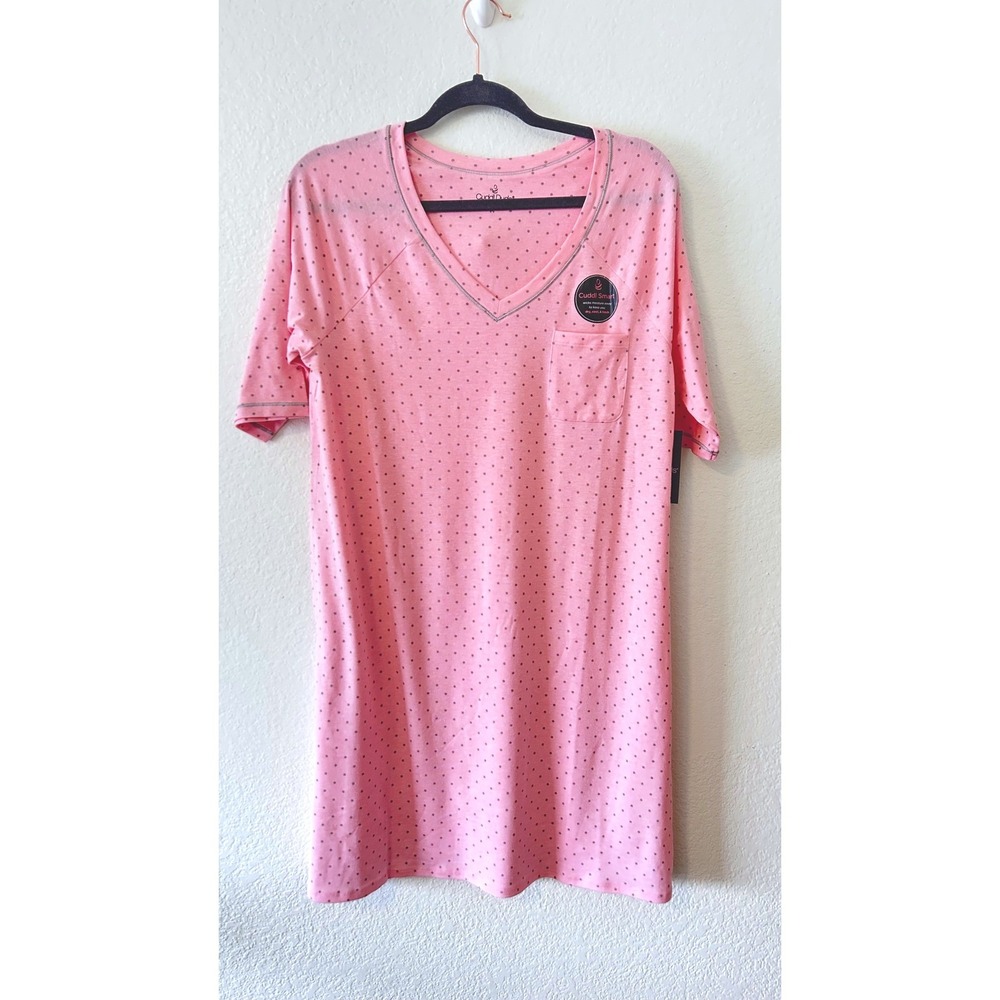 Cuddl Duds Pink Polka Dot Sleep Shirt V-Neck Nightgown CD8312811 Coral PT Medium